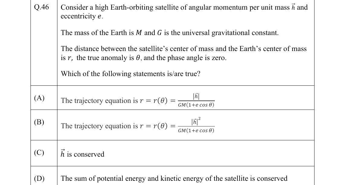 GATE AE Space Dynamics question, GATE 2022 Q.46